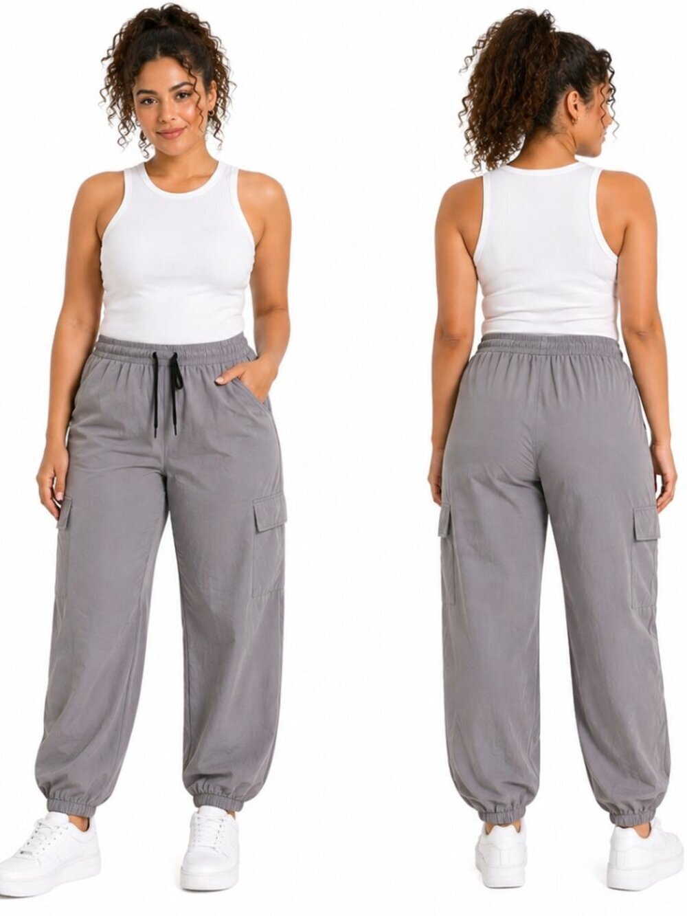 Halara Women Gray High Waisted Cargo Jogger Pants Drawstring Pockets Size L NWT